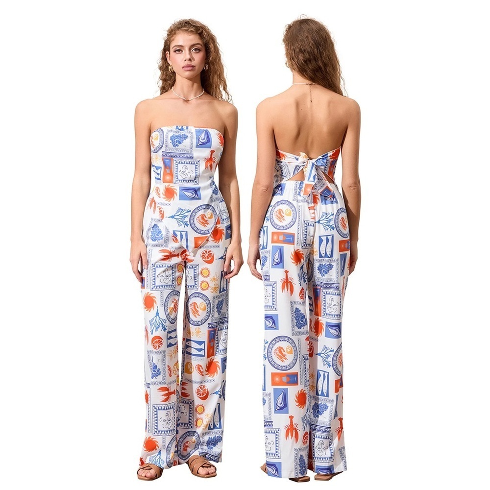 NWOT Mediterranean Print Tie-Back Scarf Top & Wide-Leg Trouser Set - Picture 2 of 7